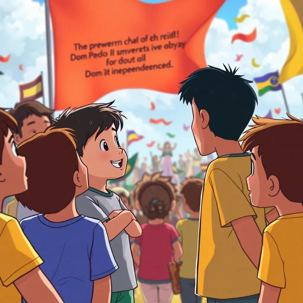 The children engaged with a crowd, remarking on the powerful words of Dom Pedro I declaring independence, filled with pride and excitement, lively atmosphere, detailed illustration, bright and inviting colors, heartwarming view, high quality