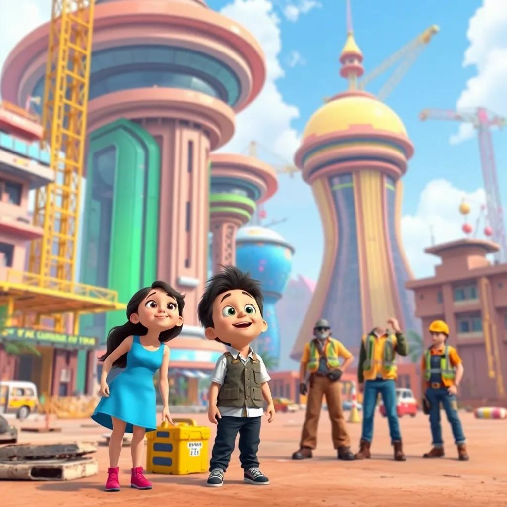 Lila, João, and Tico amazed by the futuristic buildings of Brasília, assisting workers in the construction area, vibrant colors, lively scene, cheerful digital art, showcasing teamwork and creativity, high quality