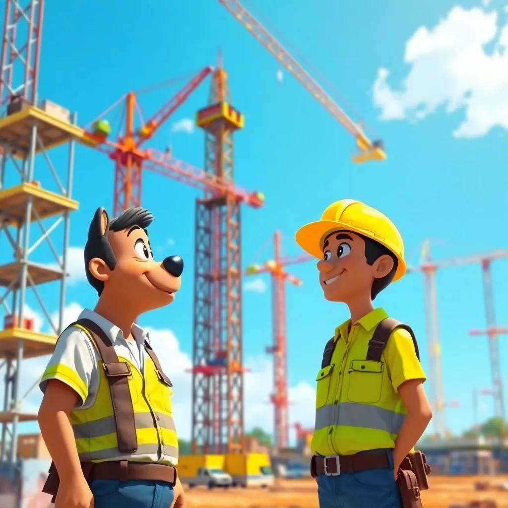 Tico asking a worker about the importance of Brasília's construction, with scaffolding and cranes around them, friendly interactions, bright sunny day, colorful environment, engaging digital painting, inviting and educational atmosphere, high quality