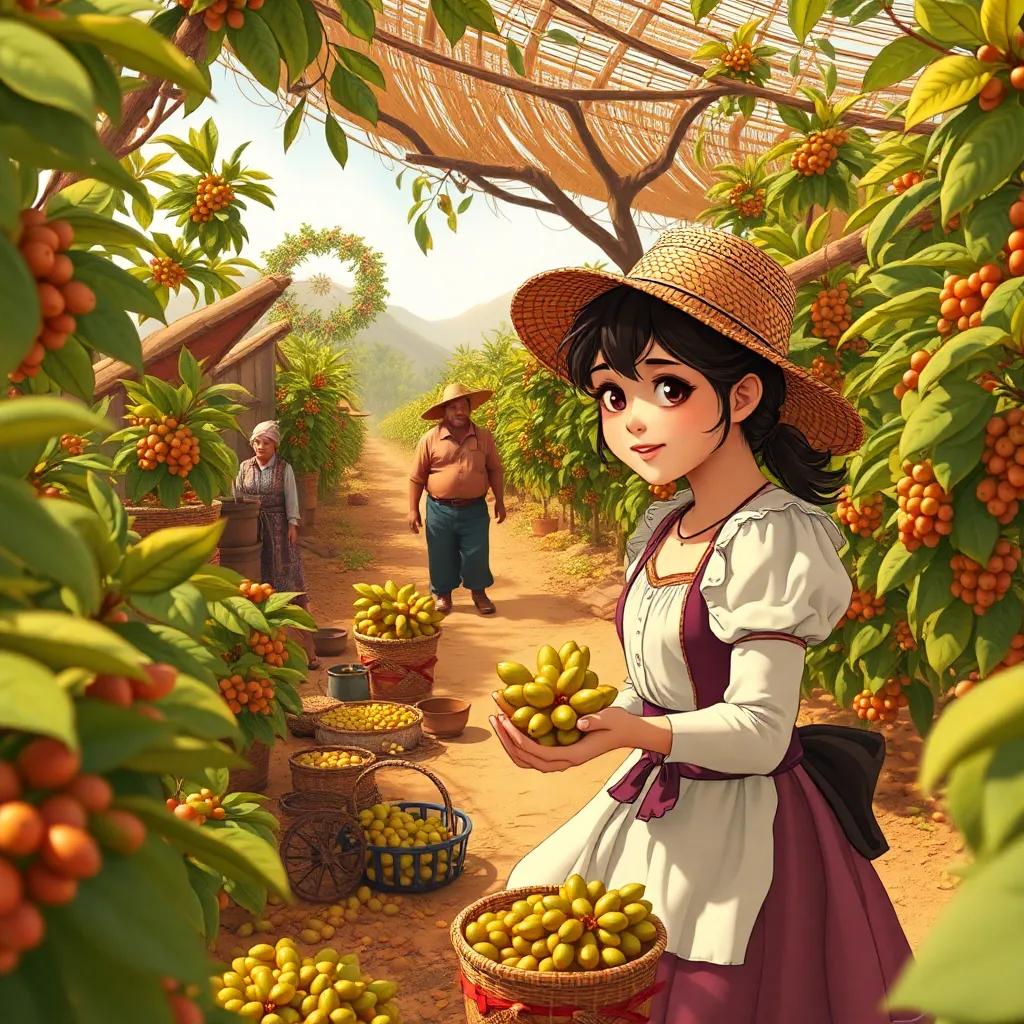 Lila picking coffee fruits in a 19th-century farm, surrounded by farmers and coffee plants, historical attire, warm sunny day, immersive scene, detailed illustration, rustic colors, educational focus, high quality