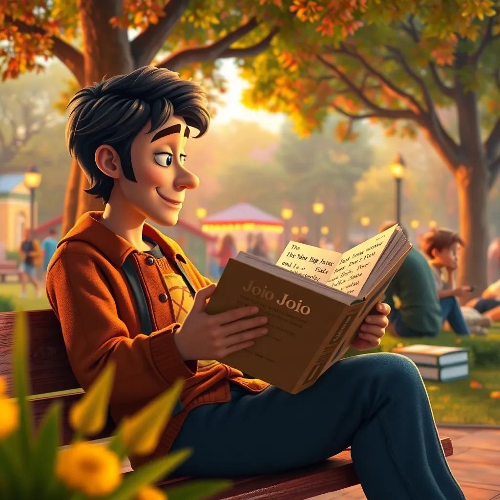 João reading an old book, filled with stories of the past, sitting on a bench surrounded by his friends, colorful park scenery in the background, cozy and captivating atmosphere, warm lighting, heartwarming digital art, inviting and nostalgic view, high quality