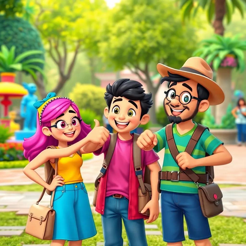 Lila, João, and Tico giving a fist bump after their adventures, fully engaged and excited to share stories about Brazil's amazing history, colorful park in the background, cheerful and joyful vibe, detailed illustration, friendly colors, happy interactions, high quality