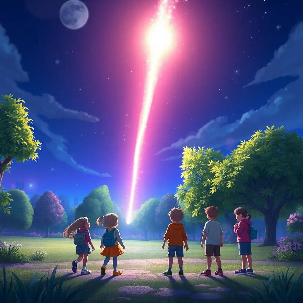 A bright meteor falling from the sky near the group of children, illuminating the park with magic colors, sparkling light, whimsical style, joyful