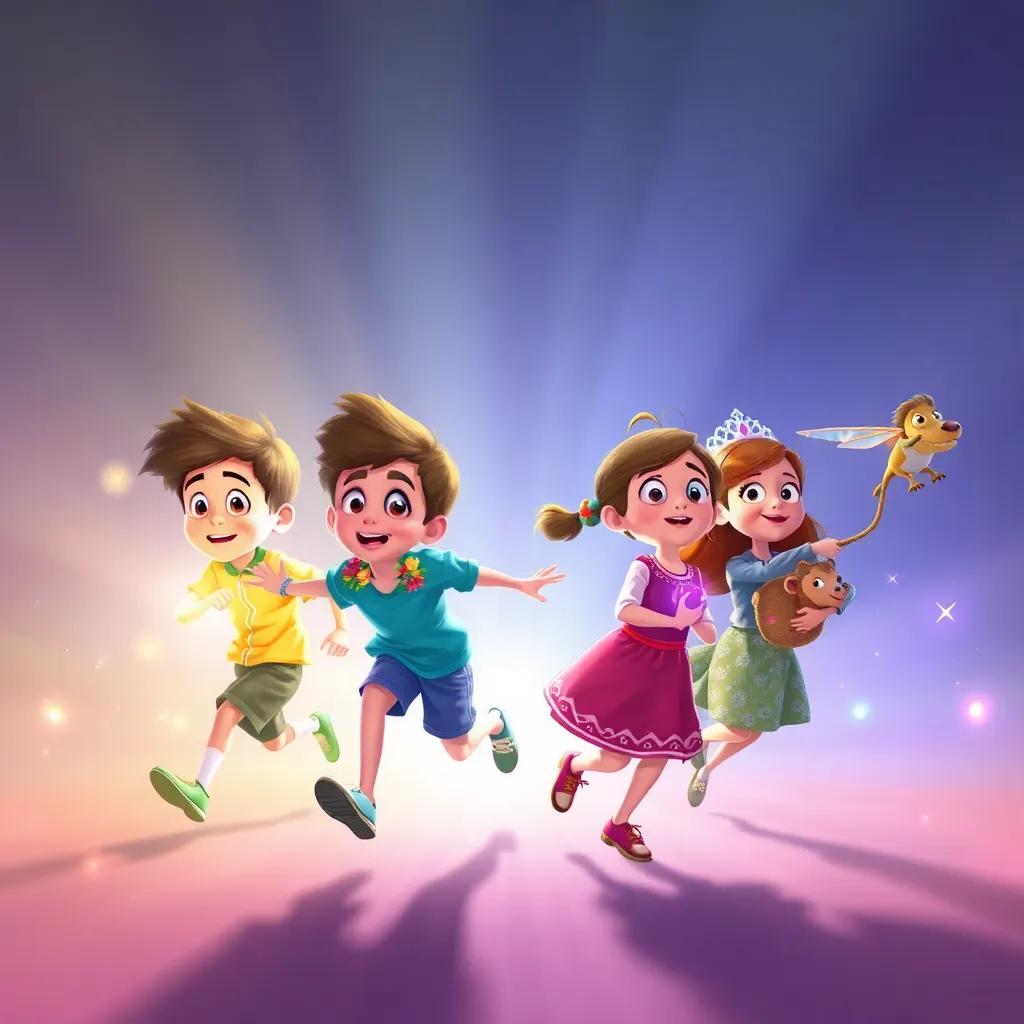 The children, looking amazed, are surrounded by a radiant light, each displaying their special powers: Pedro running fast, Ana with flowers, João flying, and Maria with animals, colorful, fantasy