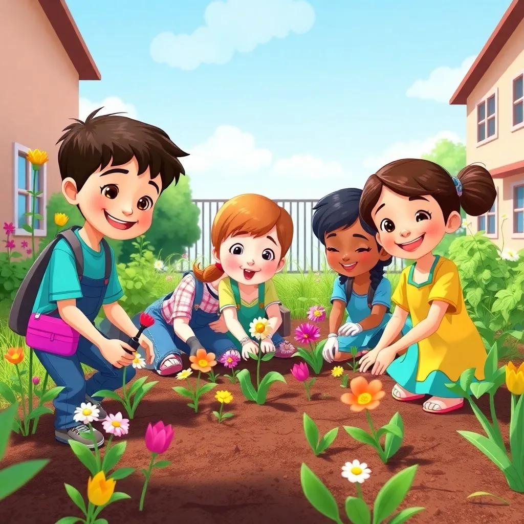 The children helping at the school garden, planting flowers and making the garden beautiful, with smiles on their faces, bright and inviting, joyful scene, illustration, cheerful