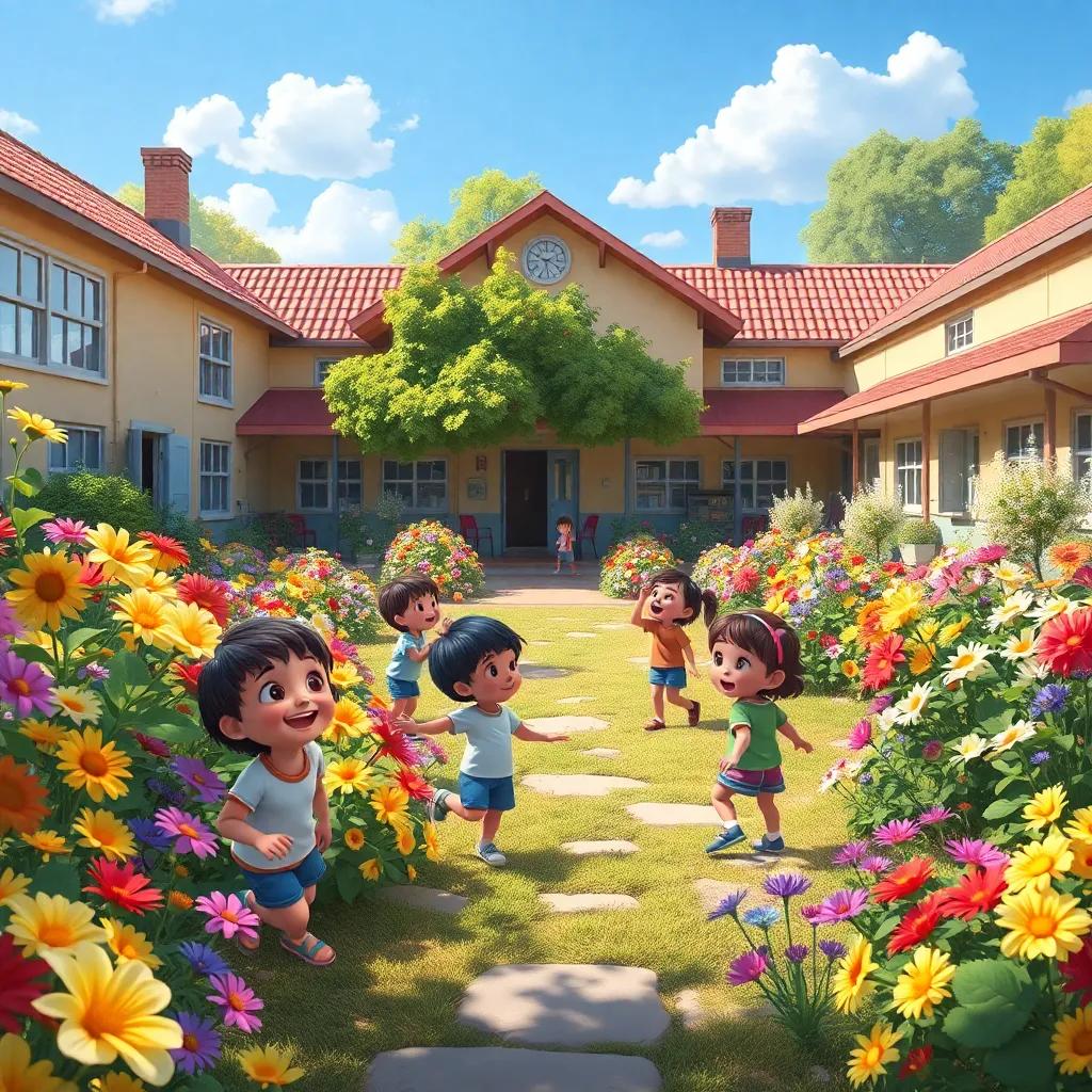 A beautiful school garden full of colorful flowers, children playing and laughing, sunlight shining down, positive atmosphere, high-detail digital art, uplifting