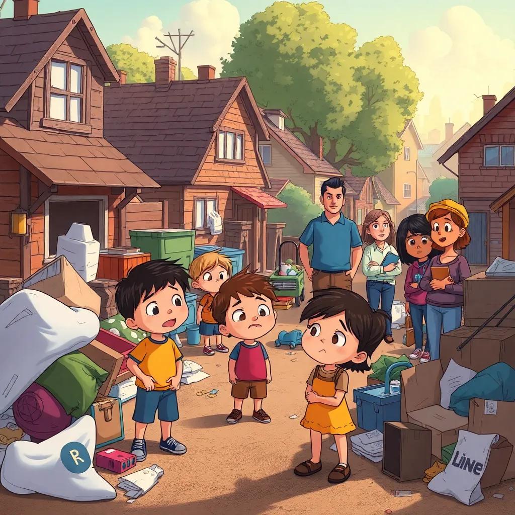 A messy neighborhood with children and adults looking concerned, a sense of community, illustration, heartfelt, call to action