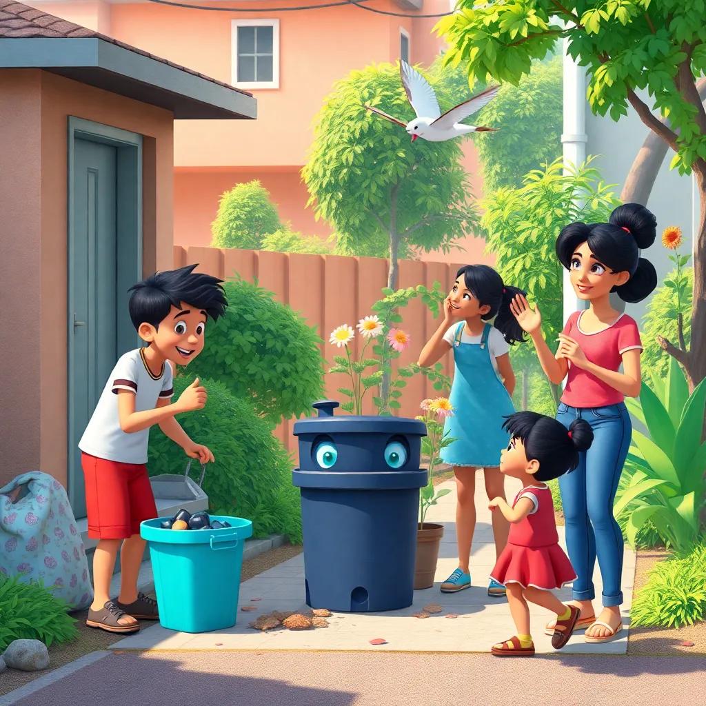 The group cleaning the neighborhood, Pedro picking up trash quickly, Ana making flowers grow, João flying, and Maria encouraging children, teamwork, vibrant colors