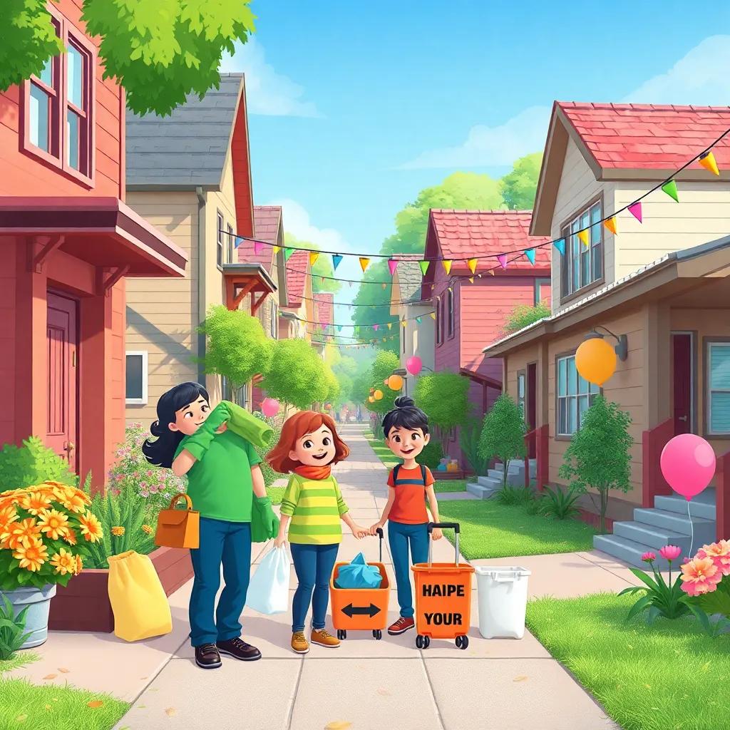 The neighborhood looking clean and vibrant after their help, people smiling and thanking, a festive atmosphere with colorful decorations, celebration, illustration, joyful