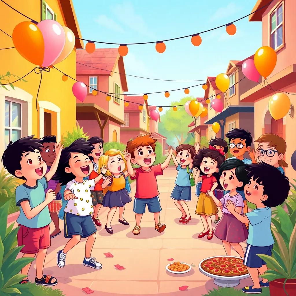 A lively party scene in the neighborhood, children dancing, laughing, and celebrating changes, balloons and food around, happy and colorful, illustration, warm colors