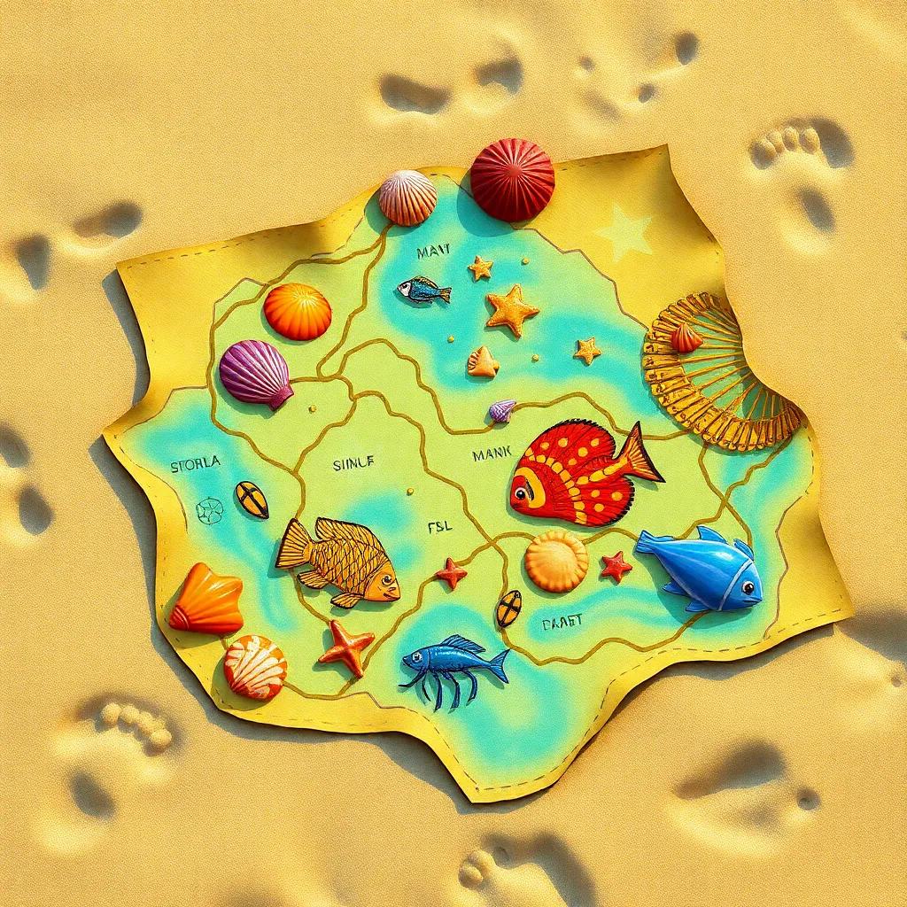 A treasure map with colorful drawings of shells and fish, lying in the sand surrounded by footprints, vibrant colors, adventure, detailed close-up view