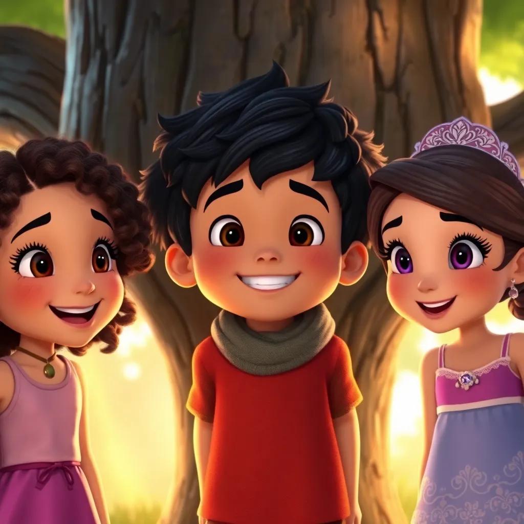 A group of happy children, Ana with curly hair, Lucas with a brave smile, and Sofia with sparkling eyes, gathered around a big tree, looking excited, warm light, storytelling scene
