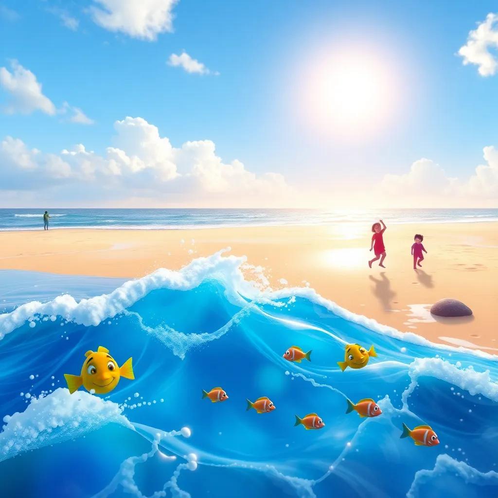 A beach with dancing waves and colorful fish swimming, children laughing and discovering, a bright sun shining overhead, idyllic ocean view, inviting atmosphere