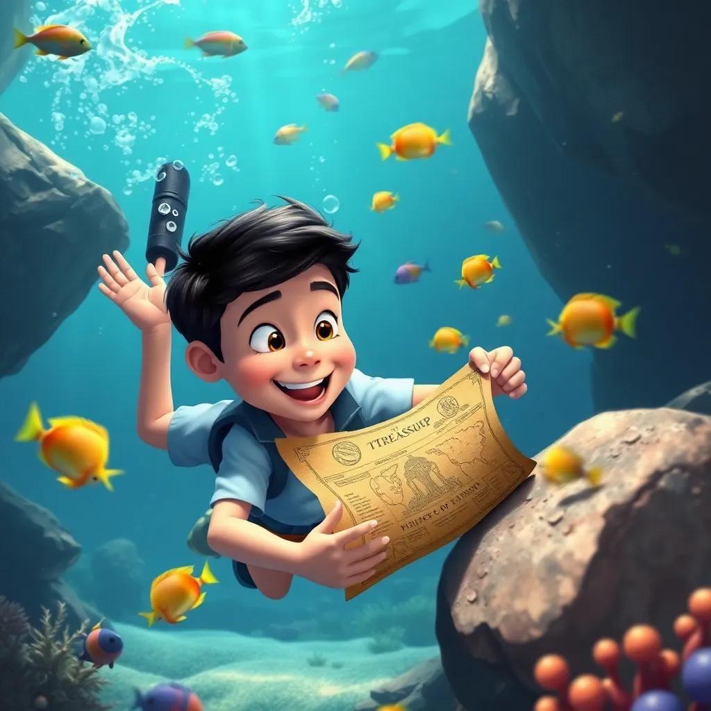 A boy named Lucas diving underwater near a rock, pulling out a hidden treasure map, colorful tropical fish around him, detailed underwater scene, vivid colors, high quality