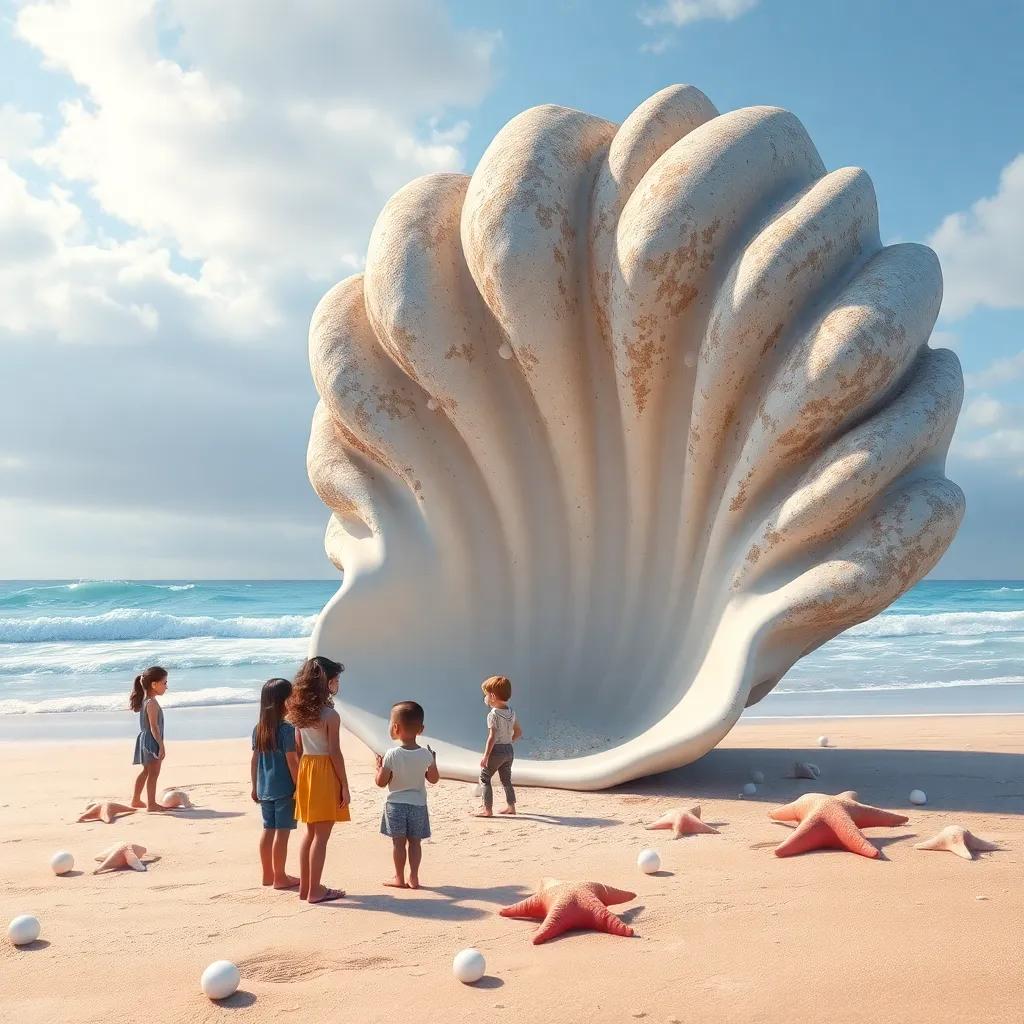 A giant seashell on the beach, with children gathered around admiring it, pearls and starfish scattered nearby, magical atmosphere, full of wonder, detailed beach view
