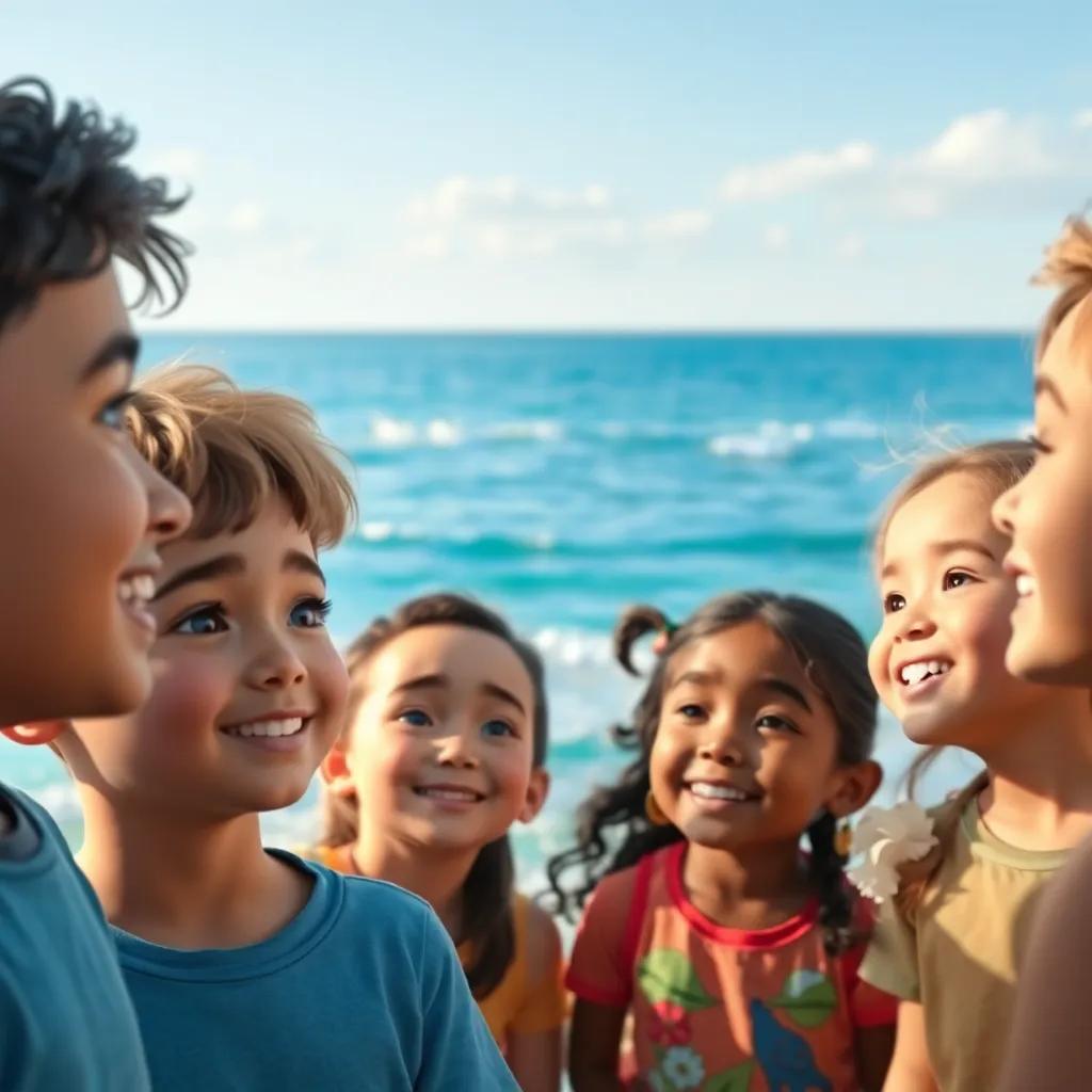 A close-up of a happy group of children talking about ocean protection, with the ocean in the background, smiles, unity, heartfelt moment, warm colors