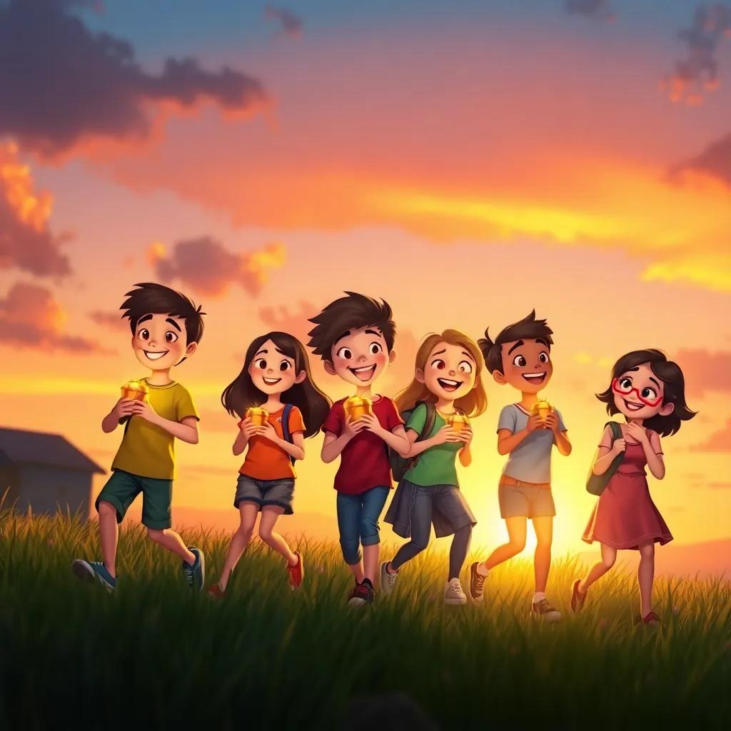 The group of happy friends returning home at sunset, each holding their treasure, their faces glowing with excitement, warm hues painting the sky, uplifting scene