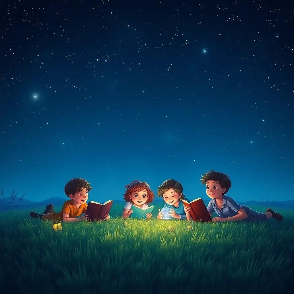 A night scene of children lying on the grass under a starry sky, telling stories, their treasures beside them, magical atmosphere, soft lighting, joyful