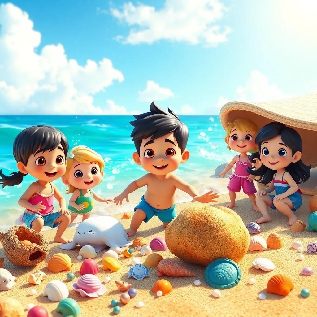A vibrant beach with treasures of the sea, including shells and pearls, alongside cheerful children playing and protecting the ocean, colorful and bright, heartwarming imagery