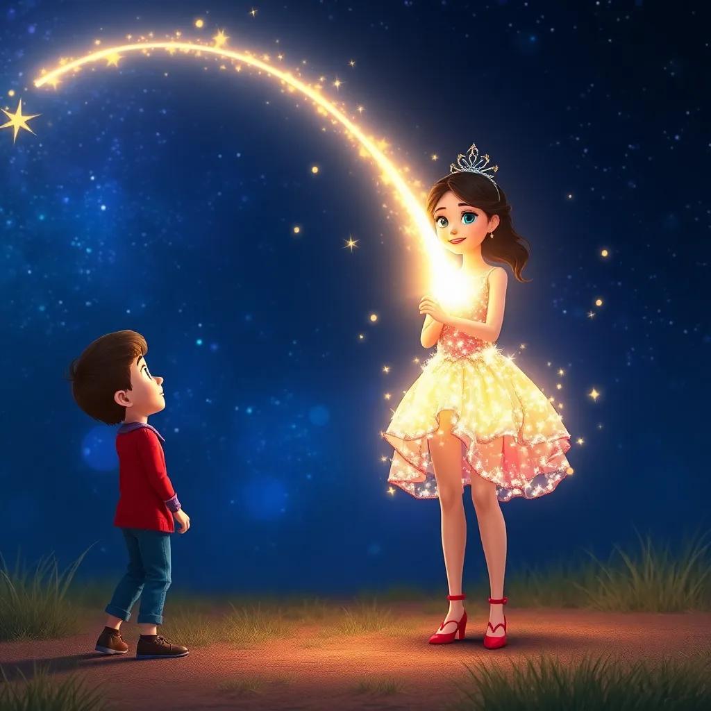 A glowing shooting star transforming into a girl named Estela, with a shimmering dress made of starlight, standing in front of Lucas, magical scene, bright colors, delightful mood, high quality