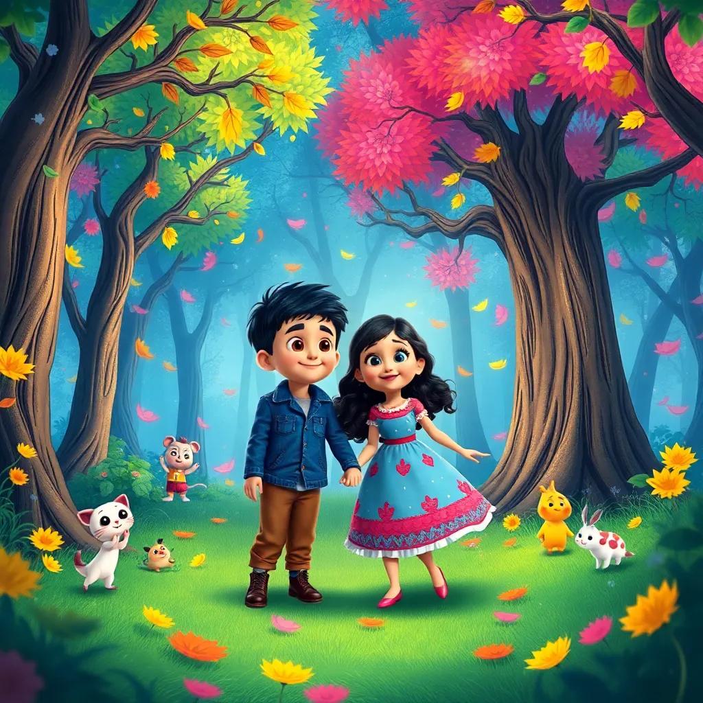 Lucas and Estela in a magical forest with singing trees, colorful leaves, and whimsical creatures dancing around them, cheerful and lively atmosphere, detailed illustration, vibrant colors, high quality