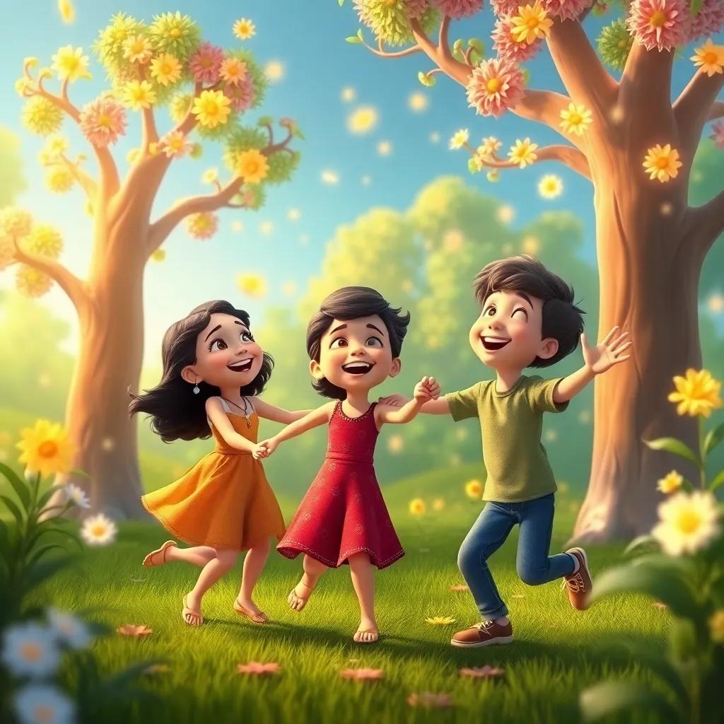 Estela and Lucas dancing with the singing trees, surrounded by laughter and joy, bright colors, playful scene, child-friendly, well-lit, high quality