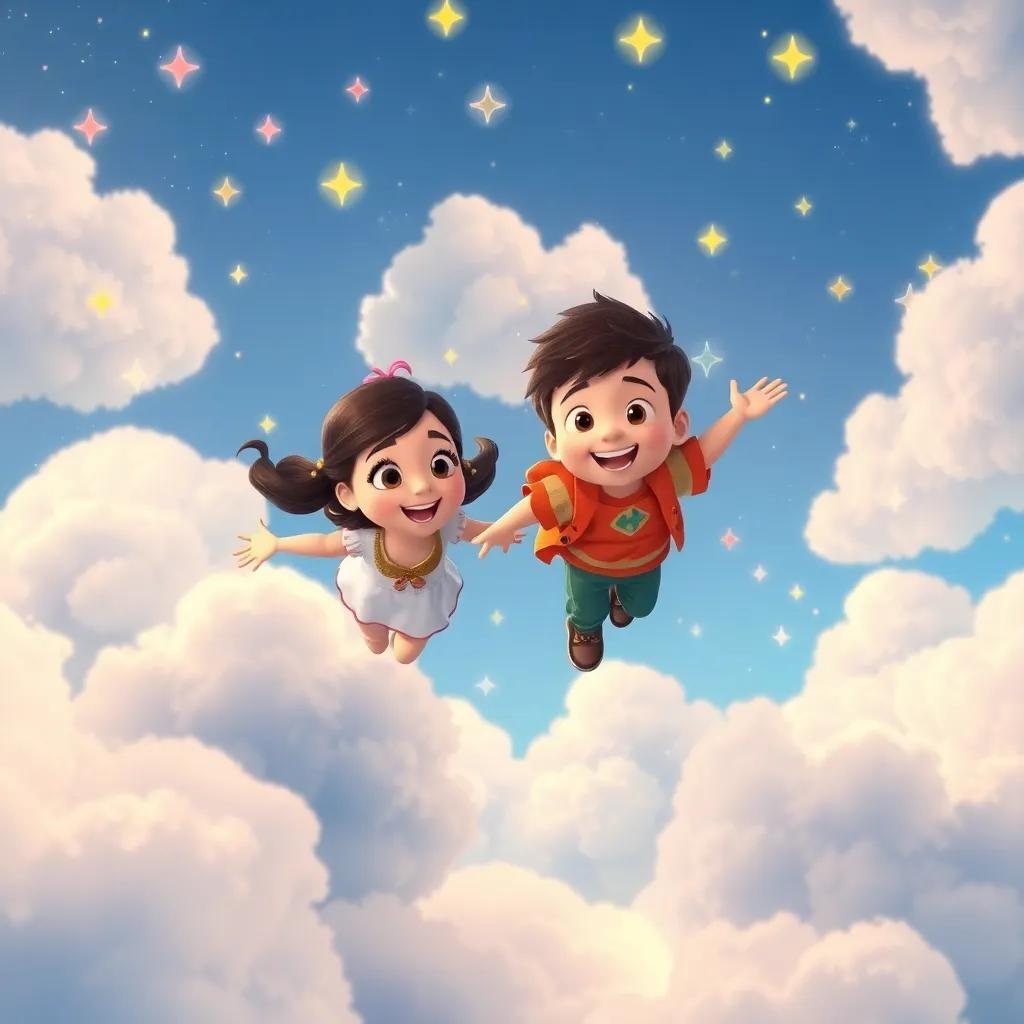 Estela and Lucas flying among fluffy white clouds in the sky, colorful stars surrounding them, learning about friendship, sparkling atmosphere, whimsical style, vibrant colors, high quality