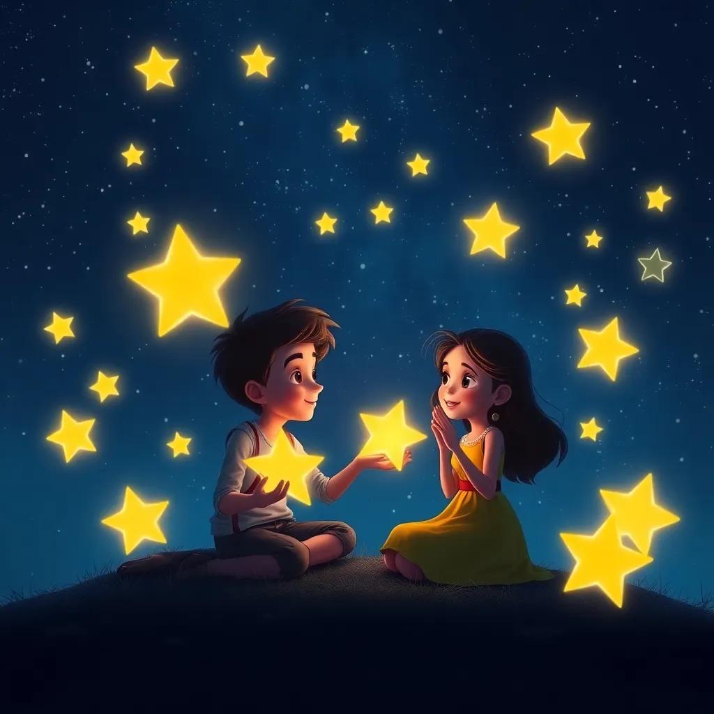 A group of glowing stars sharing secrets with Lucas and Estela, in a serene night sky setting, illuminating the darkness, magical ambiance, detailed digital art, high quality