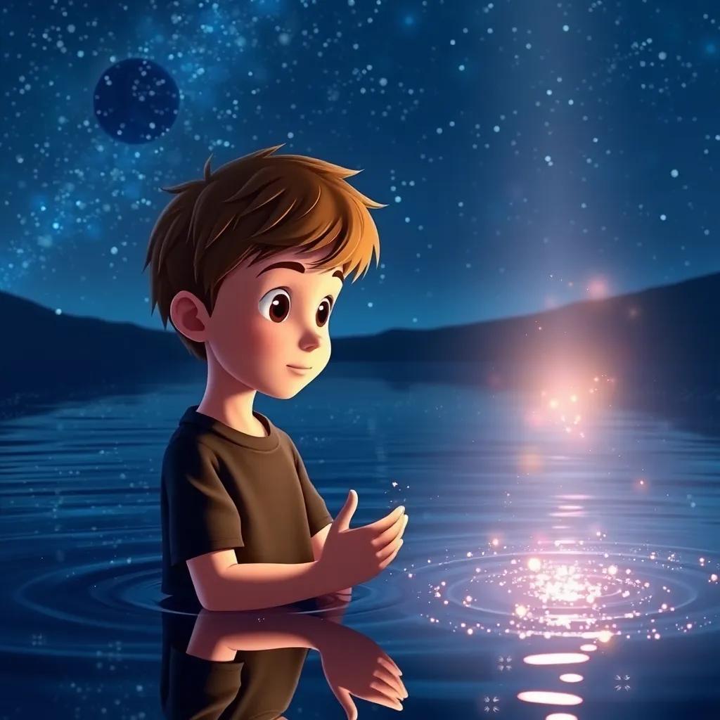 A sparkling lake at night reflecting the stars, Lucas making a wish with a sincere expression, surrounded by a magical glow, serene atmosphere, beautiful colors, high quality