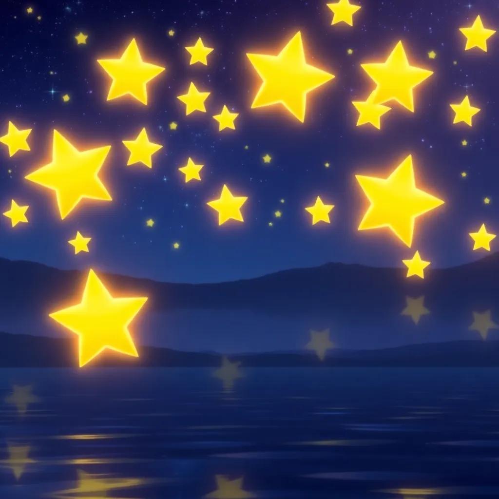 Stars floating above the lake, each one representing a dream coming true, illuminating Lucas's face with happiness, magical night scene, vibrant colors, heartwarming, high quality