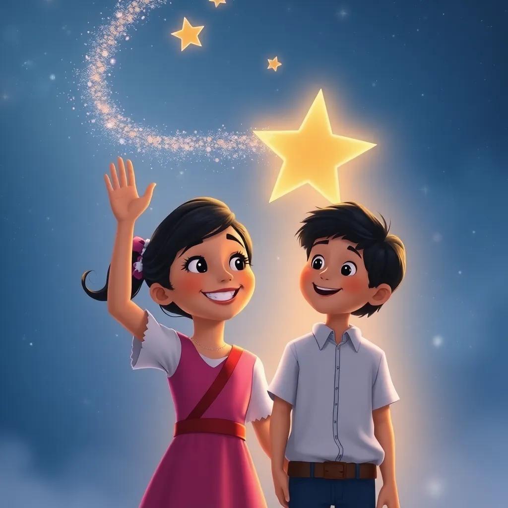 Estela smiling and waving goodbye to Lucas as she returns to the sky, leaving a trail of stardust, a bittersweet yet joyful atmosphere, detailed illustration, high quality