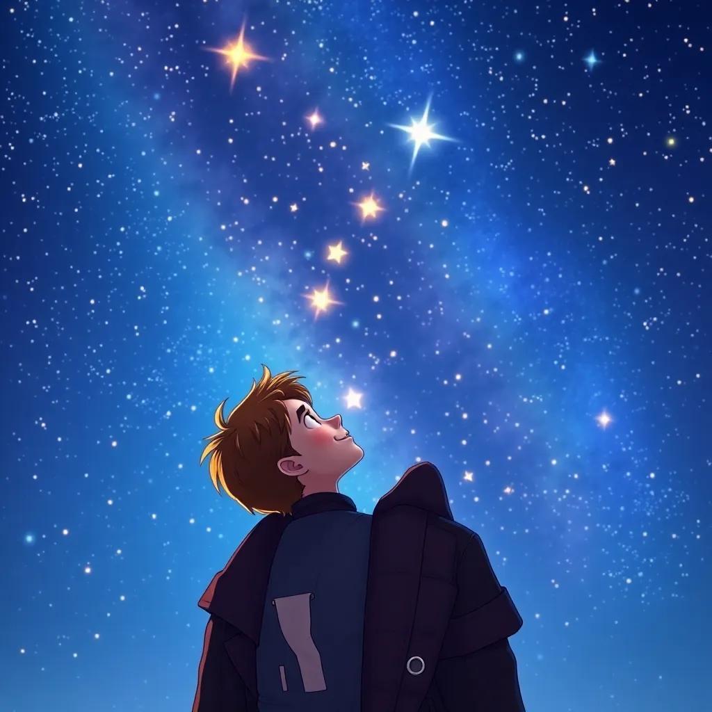 Lucas looking up at the twinkling stars, filled with hope and joy, remembering the adventure with Estela, enchanting night sky scene, vibrant colors, heartwarming, high quality