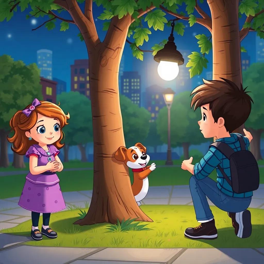 A night scene in a city park, two kids, Sofia and Leo, helping a little dog stuck in a tree, vibrant colors, friendly atmosphere, detailed digital art, cute and engaging