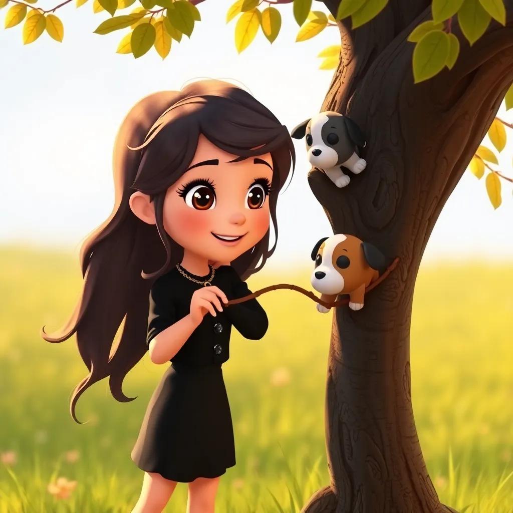 Sofia, a young girl with long dark hair and wearing a black outfit, using a branch to rescue a small puppy from a tree, warm lighting, cheerful, engaging perspective, high quality