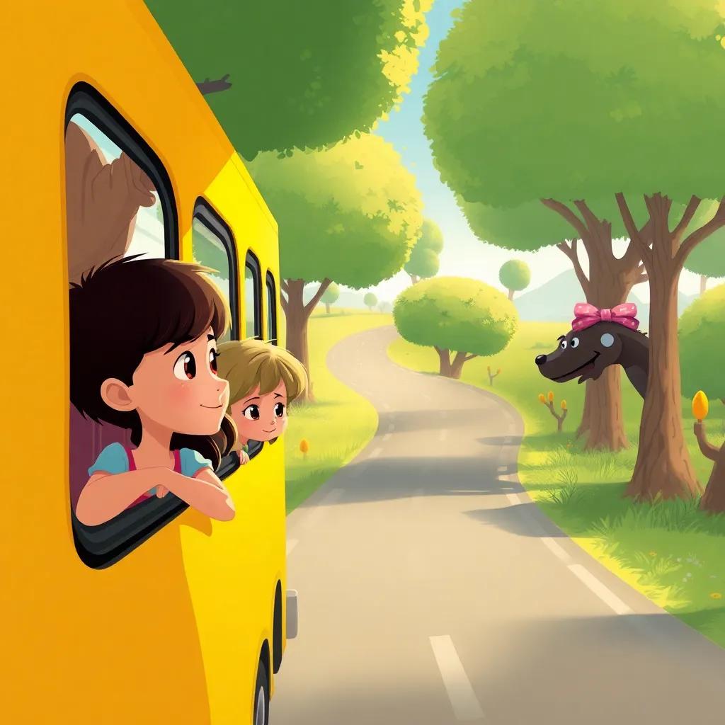 Crianças em um ônibus amarelo, rostos felizes, olhando pela janela enquanto viajam por uma estrada sinuosa cercada por árvores verdes e pássaros coloridos, ilustração, com uma atmosfera ensolarada e alegre