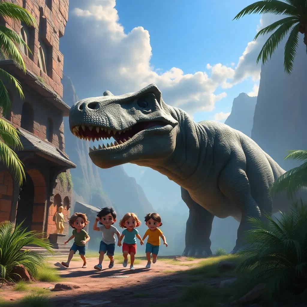 Um sítio arqueológico desértico com crianças escavando, mostrando um osso de dinossauro gigante, com expressões de surpresa e admiração, arte digital, cores terrosas, enérgico e envolvente, visão de baixo para cima, qualidade detalhada