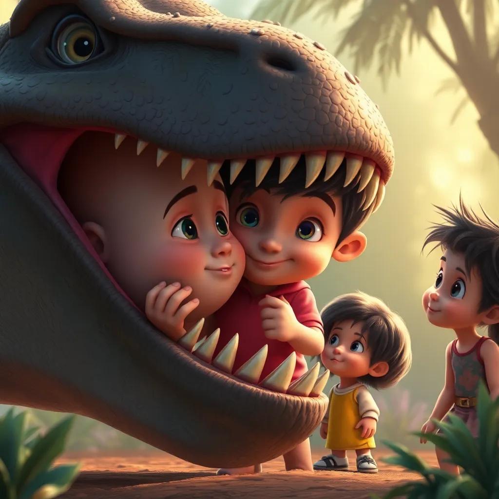 Uma criança segurando um dente de dinossauro enquanto as outras observam fascinadas, contando histórias sobre dinossauros ao fundo, digital painting, animação divertida, com uma paleta rica e vibrante