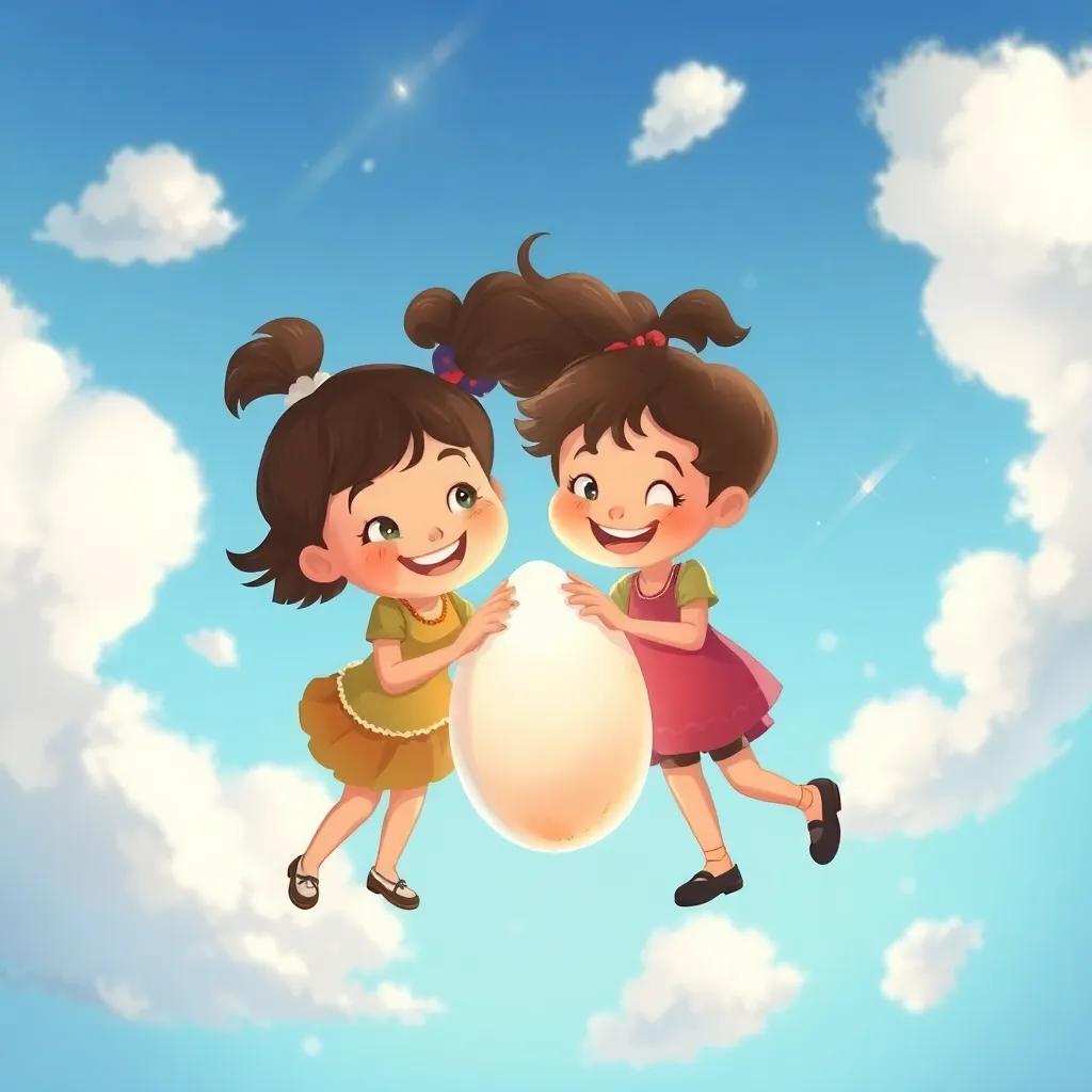 Crianças unidas em um círculo, escavando juntos e encontrando um ovo fossilizado, com sorrisos brilhantes, com o céu azul e nuvens brancas como plano de fundo, ilustração alegre, parecendo uma cena de festa, alta qualidade