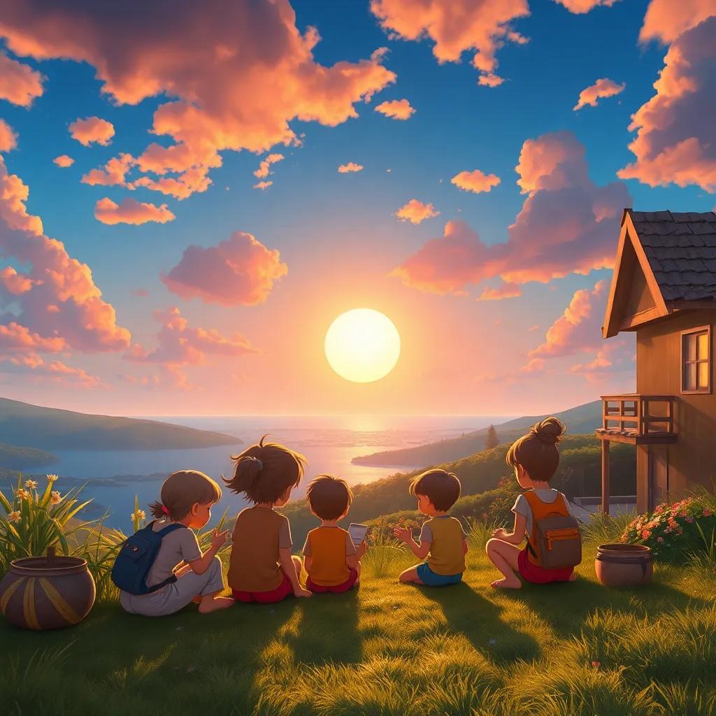 Uma vista do grupo voltando para casa, com crianças rindo e contando histórias enquanto veem o sol se pôr ao fundo, cores quentes e um céu colorido, digital art, bonito e alegre, perspectiva panorâmica