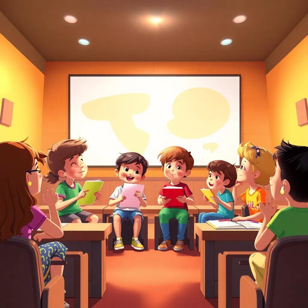 Crianças apresentando sua aventura em sala de aula, usando cartazes coloridos e fazendo gestos animados, uma turma interessada os ouvindo com entusiasmo, ilustração vibrante e educativa, luz brilhante