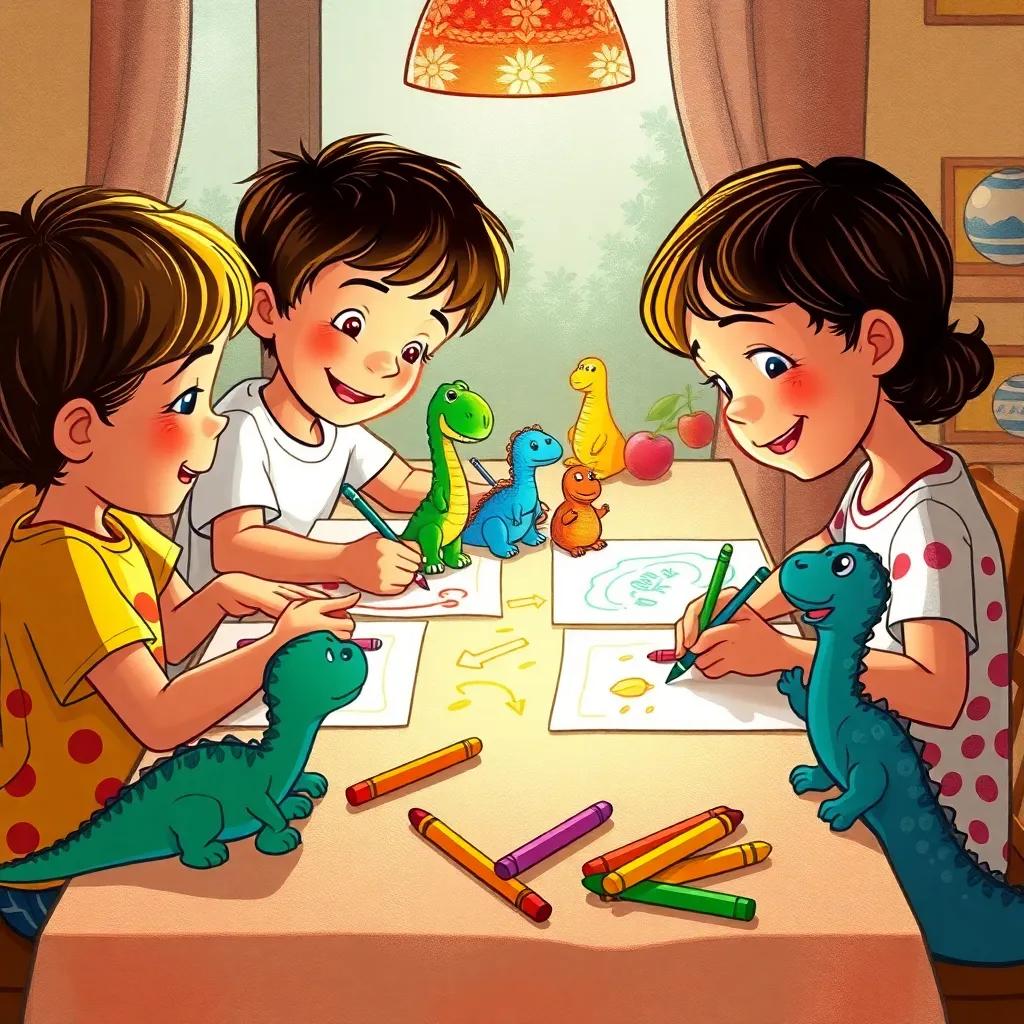Crianças desenhando dinossauros e fósseis em casa, numa mesa cheia de crayon, com rostos contentes e animados, digital painting, cena acolhedora, atmosférica e alegre, qualidade rica
