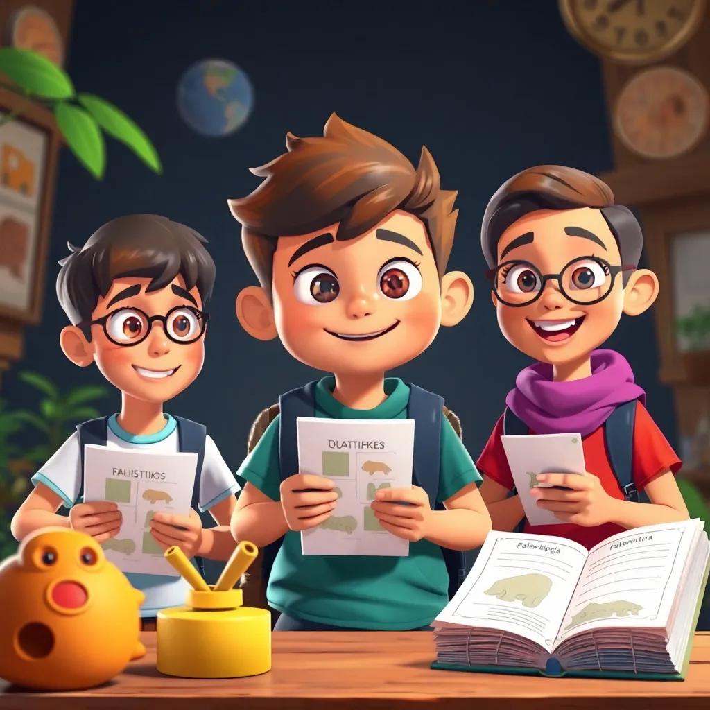 Os alunos apresentando sua aventura na escola, com cartazes sobre paleontologia, rostos felizes e expressões animadas, digital art, energizante e colorido, detalhe incrível
