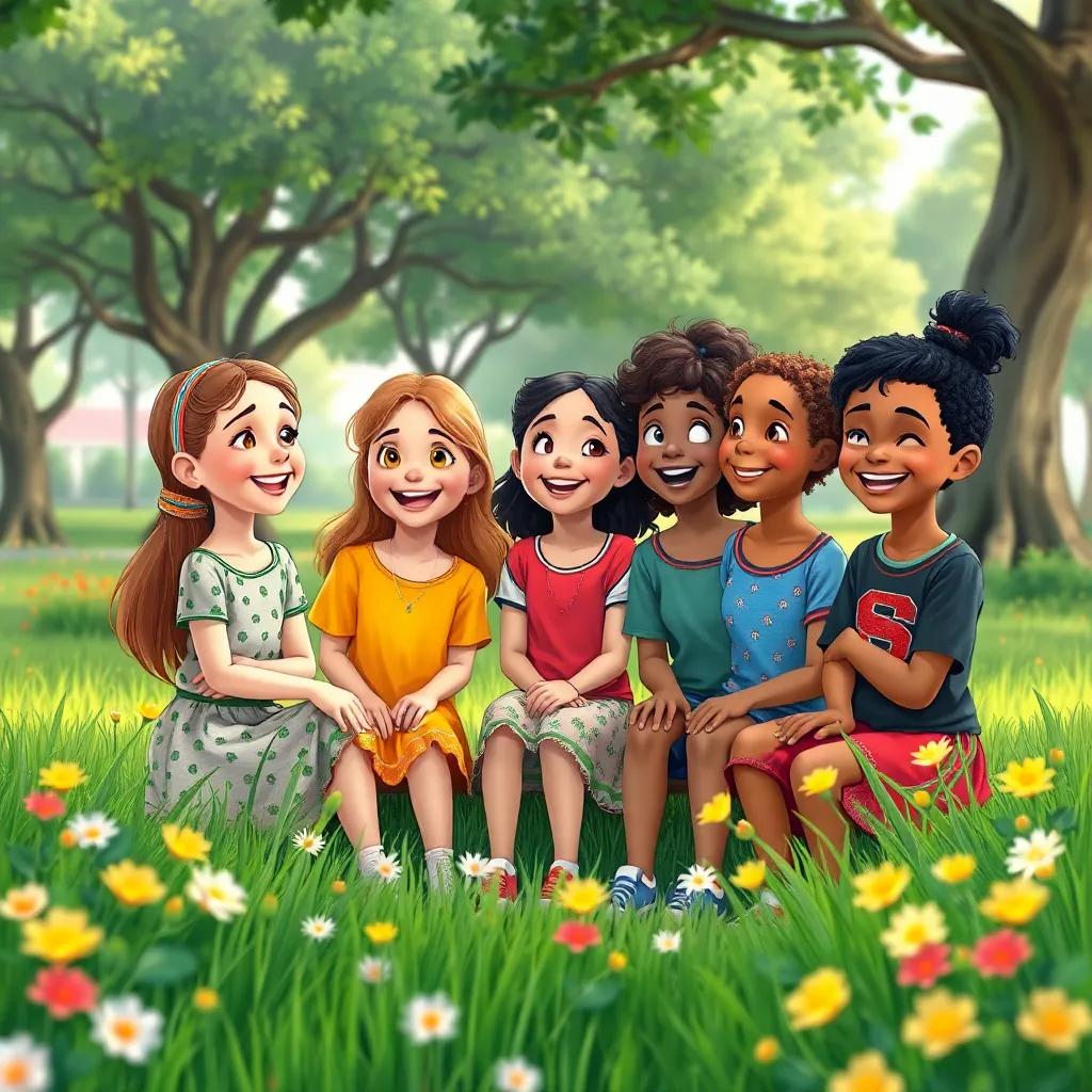 Um grupo de crianças de diversas etnias, sorrindo e conversando no parque, cercados por árvores e flores, planejando uma exposição, arte e natureza, digital art, colorida, alegre, perspectiva ampla, qualidade alta