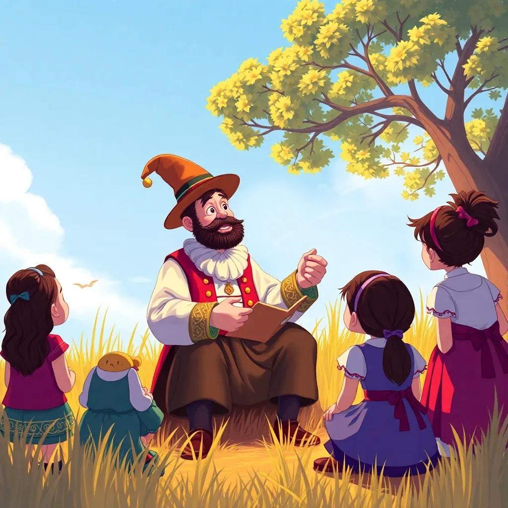 Um contador de histórias velhinho, com roupas tradicionais e um chapéu curioso, sentado na grama, contando histórias de Saci para um grupo de crianças encantadas, ao fundo árvores e céu azul, ilustração vibrante, calorosa, qualidade alta