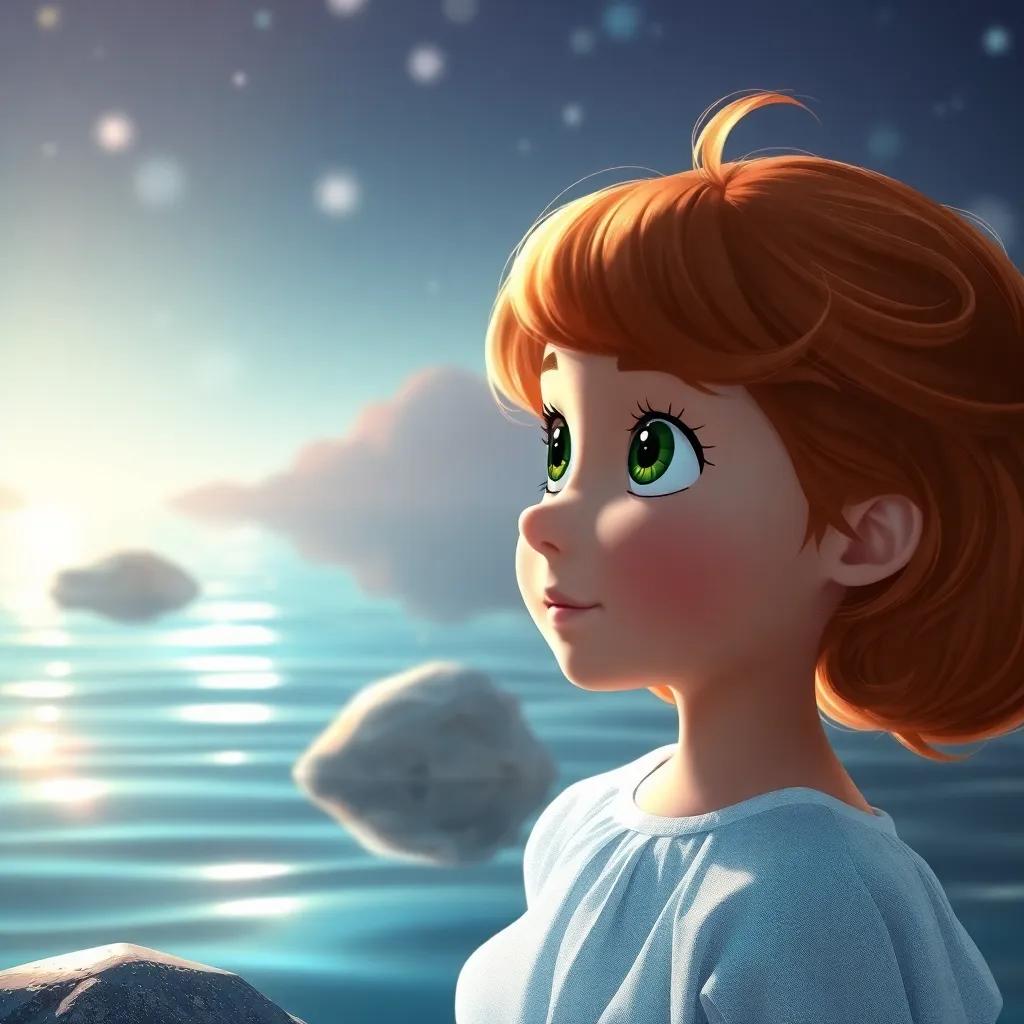 Uma criança chamada Maria, com pele clara e cabelo castanho, olhando para o rio, imaginando Iara, uma sereia linda, em um ambiente mágico com luz suave e reflexos na água, arte digital, sonhadora, cores suaves, qualidade alta