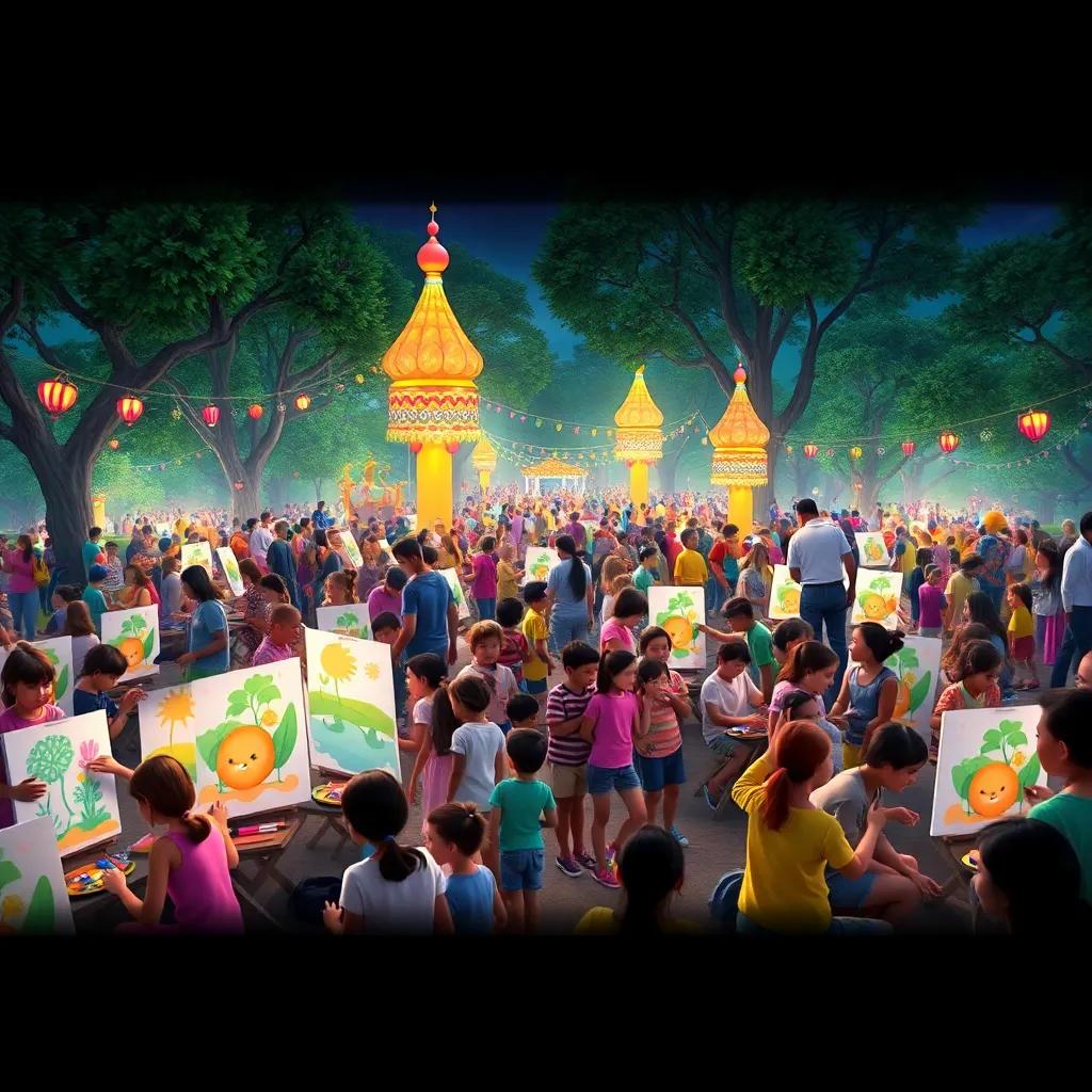 Um parque lotado de pessoas, com crianças fazendo pinturas de lendas, murais coloridos e sorrisos ao redor, bandeirinhas penduradas, ambiente festivo, obra de arte vibrante, perspectiva animada, qualidade alta