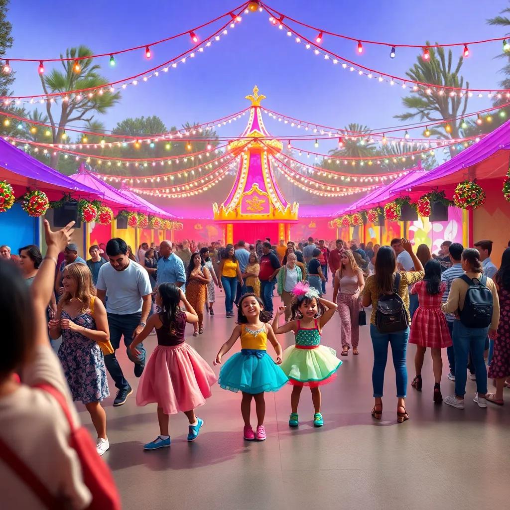 O parque festivo cheio de visitantes, todos dançando e se divertindo, crianças performáticas vestidas como seus personagens, ambiente alegre, cores vivas, perspectiva cheia de vida, qualidade alta