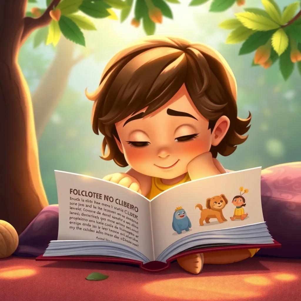 Uma criança segurando um livro aberto sobre folclore brasileiro, com ilustrações do Saci e Iara saindo das páginas, como se viessem à vida, ambiente mágico, arte digital, encantadora, qualidade alta