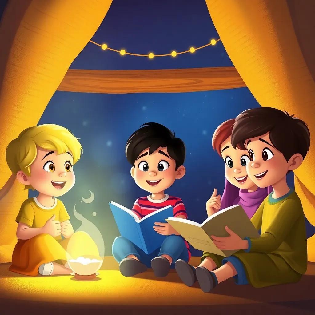 Uma cena de crianças contando lendas para os amigos, com expressões animadas, ilustrando as histórias em um caderno grande, luz suave e ambiente acolhedor, arte digital, calorosa, qualidade alta