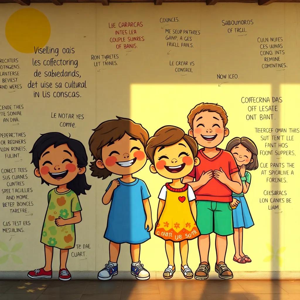 As crianças sorrindo e confraternizando, com os personagens que representam, rodeados de frases e sabedoria cultural em um mural, luz do sol iluminando tudo, digital art, vibrante, qualidade alta